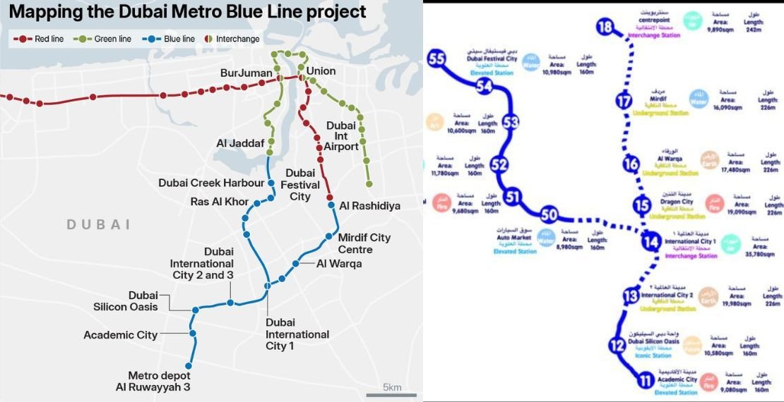 Dubai Metro Blue Line Route and Areas Covered