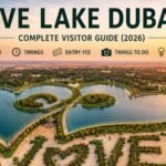 Aerial view of the heart-shaped Love Lake surrounded by desert dunes in Al Qudra, Dubai