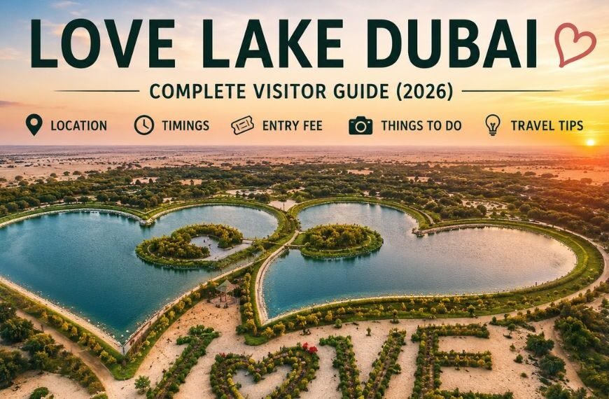 Aerial view of the heart-shaped Love Lake surrounded by desert dunes in Al Qudra, Dubai