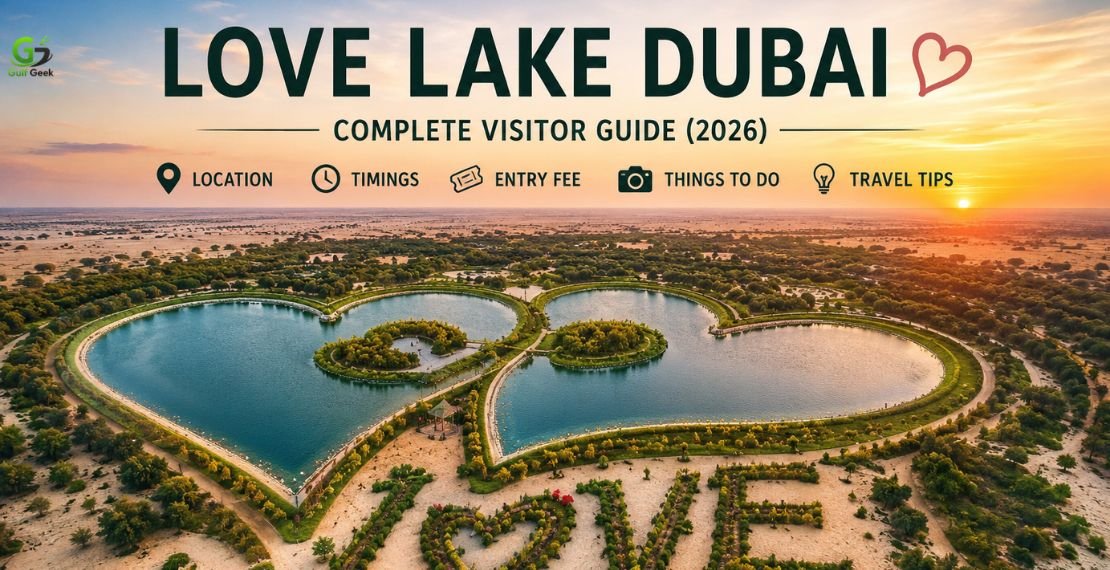 Aerial view of the heart-shaped Love Lake surrounded by desert dunes in Al Qudra, Dubai