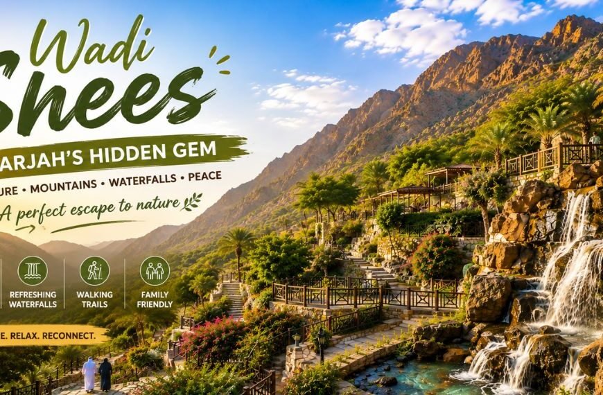 Scenic view of Wadi Shees in Sharjah featuring the Hajar Mountains, lush terraced gardens, cascading waterfall, palm trees, and walking trails.