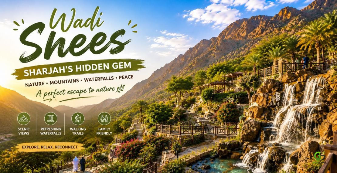 Scenic view of Wadi Shees in Sharjah featuring the Hajar Mountains, lush terraced gardens, cascading waterfall, palm trees, and walking trails.